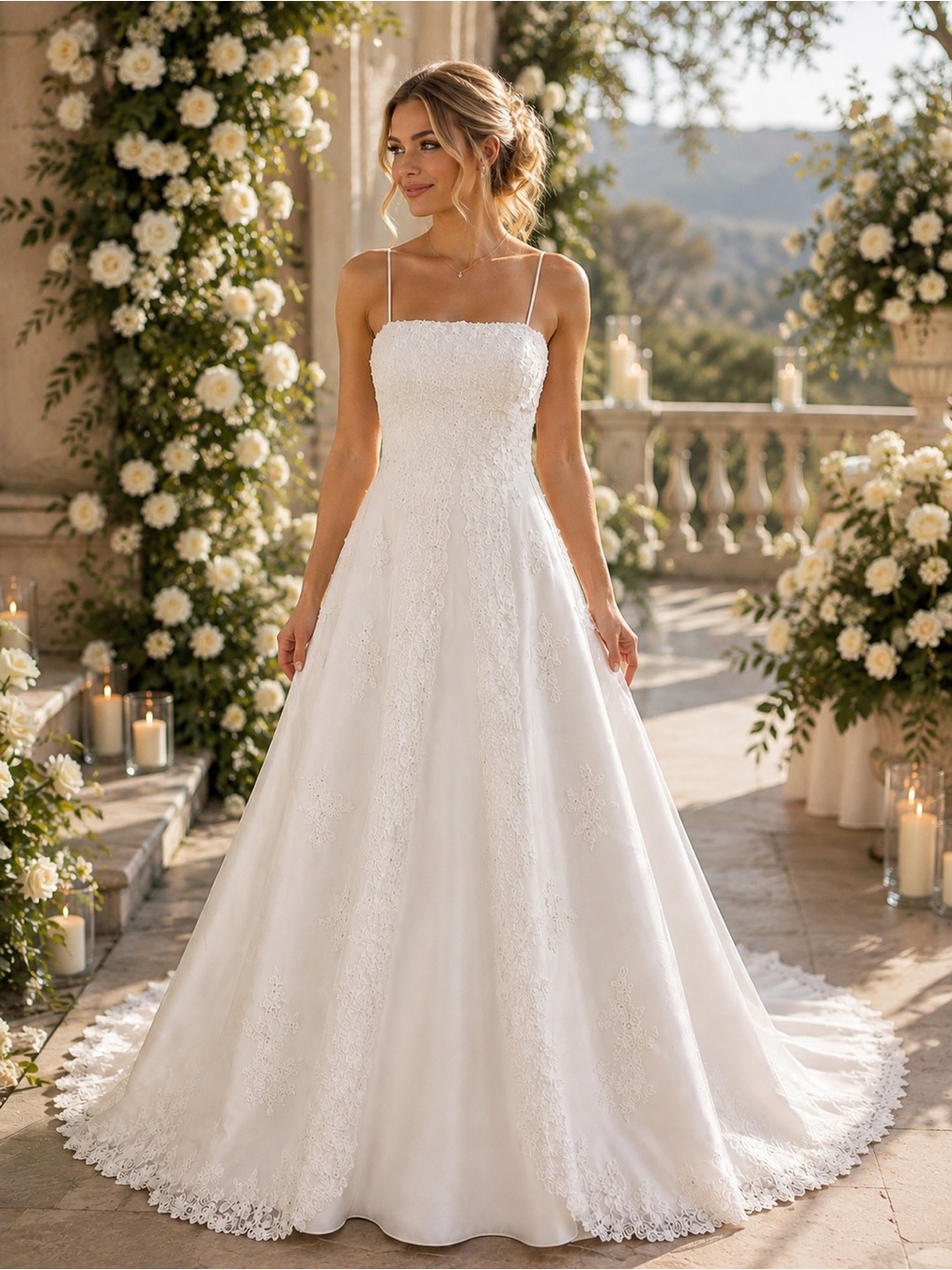 DaVinci-Elegant Ivory Lace Beaded Wedding Gown|A-Line Bridal Dress w/ Lace Train